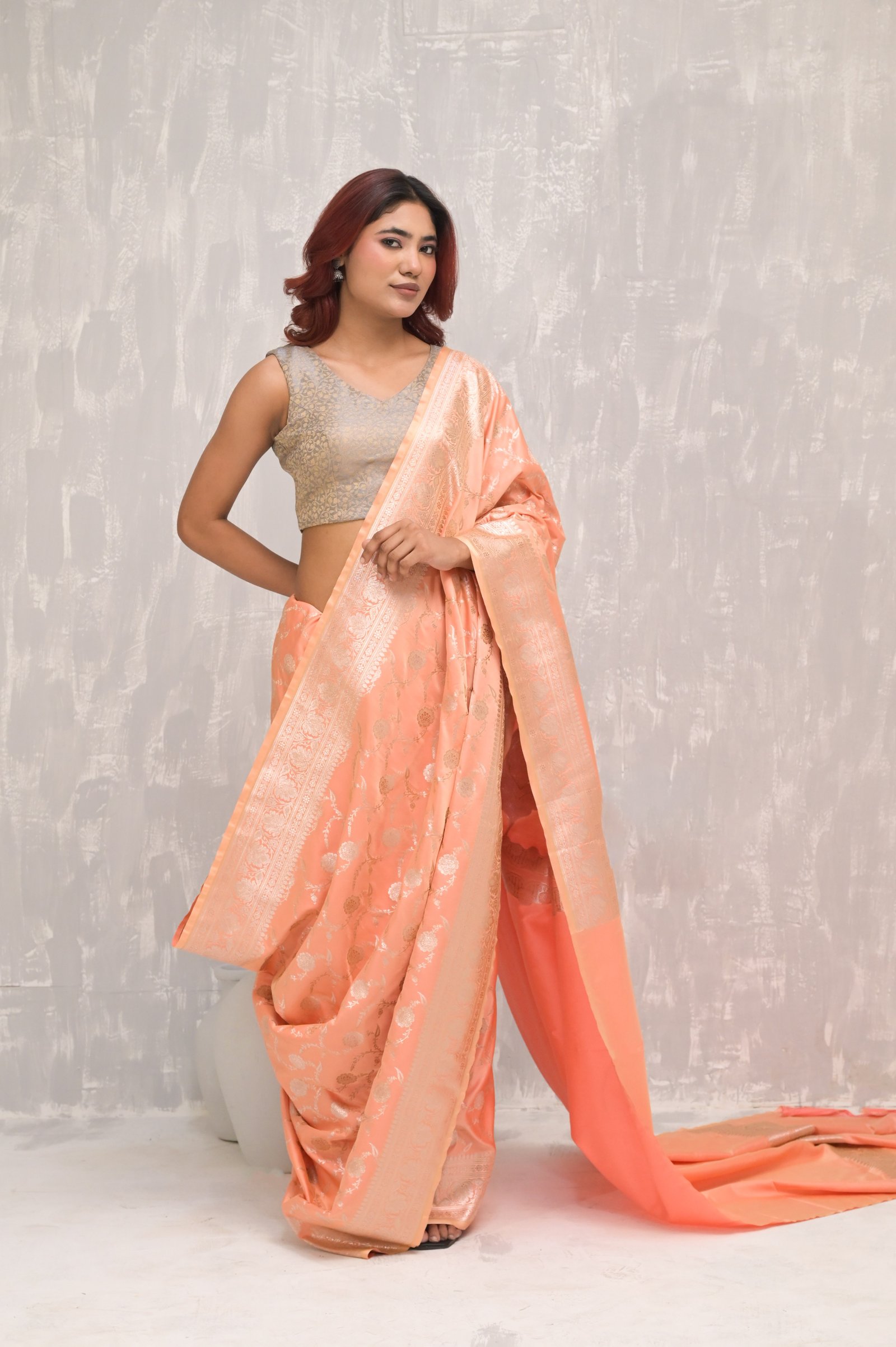 Peach floral Jangla Silver  Zari Handwoven Katan Silk Banarasi Saree